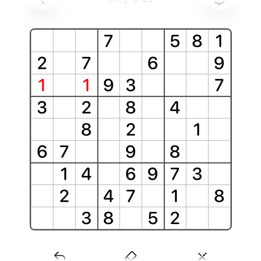 A sudoku board where two 1s in the same row are both marked in red