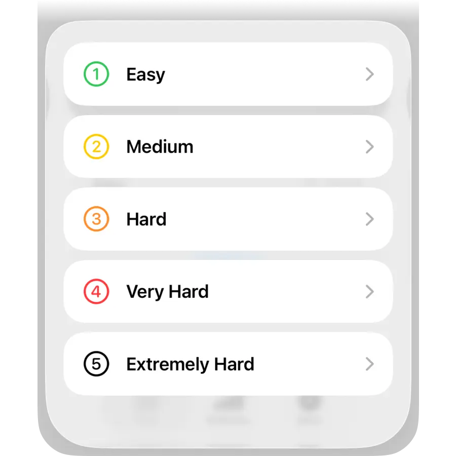 The difficulty menu listing Easy, Medium, Hard, Very Hard and Extremely Hard, numbered one to five