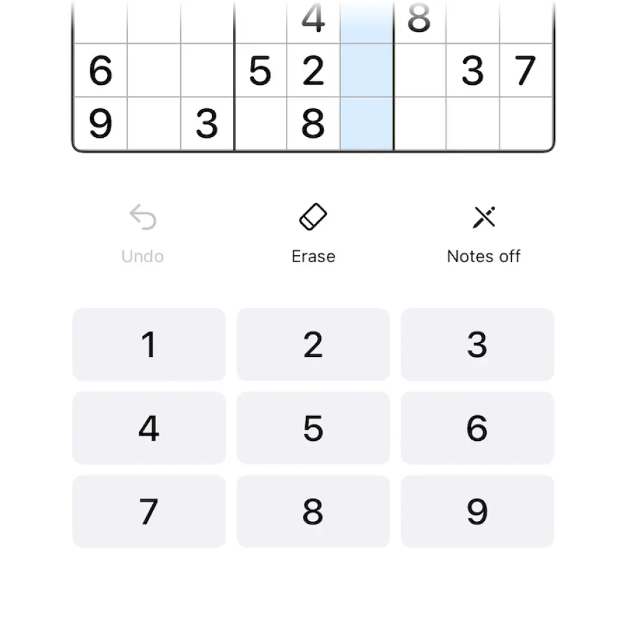 A number pad of nine large buttons below the board, with Undo, Erase and Notes in between