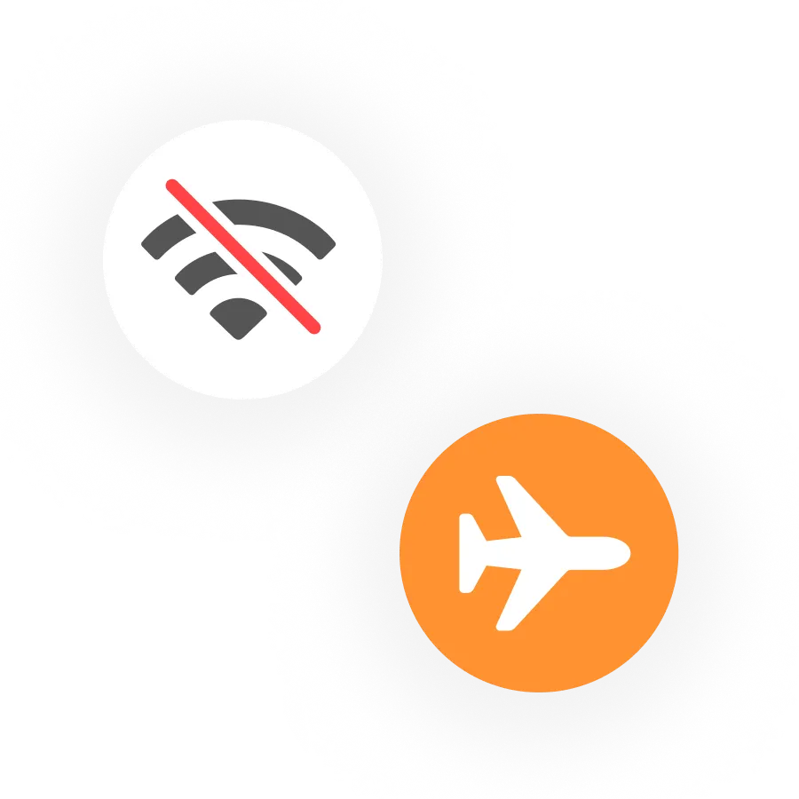 A crossed-out wifi symbol beside an aeroplane symbol
