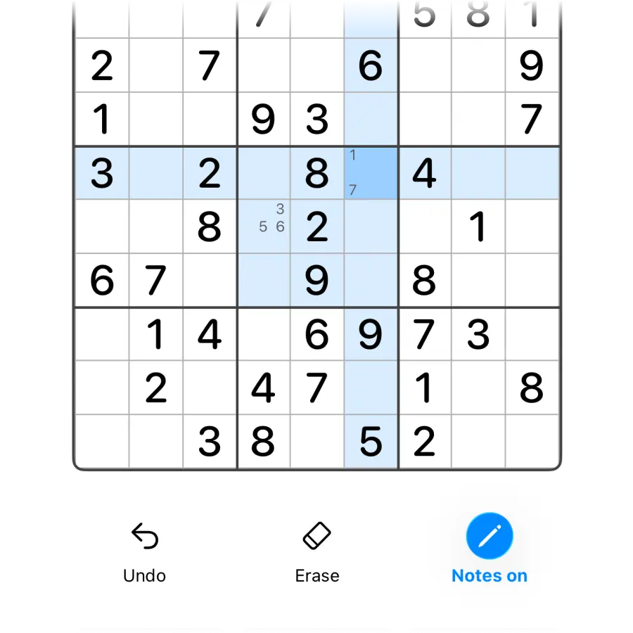 A sudoku board with small pencil marks in two empty cells and the Notes button switched on below