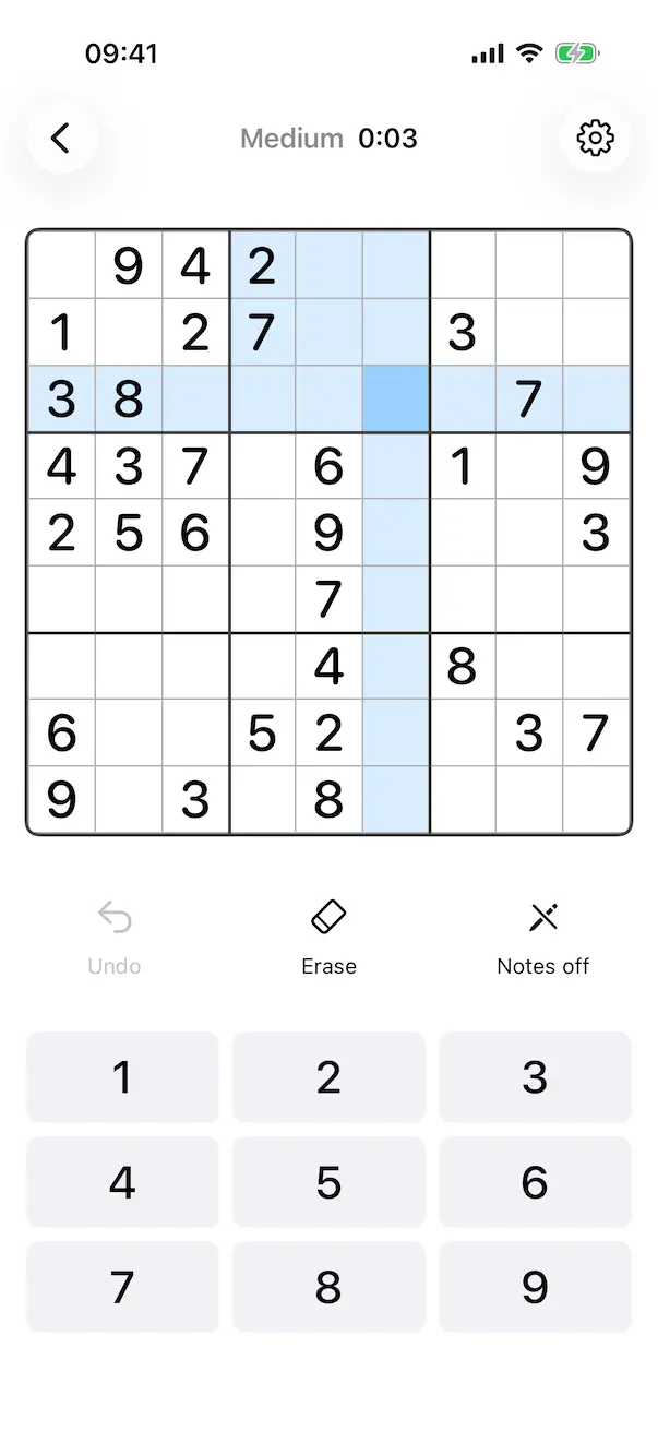 Sudoku on iPhone showing a puzzle in progress, with the number pad below the grid